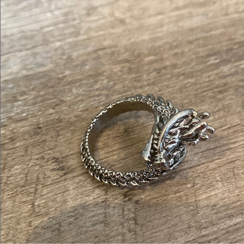 Silver Tone Sleeping Dragon Ring Size 9 Gothic Fantasy Statement Ring